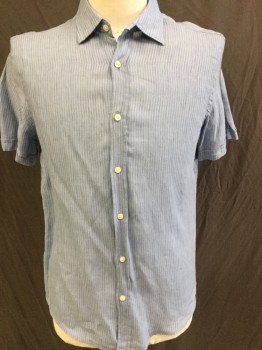 Mens, Hawaiian Shirt, BLOOMINGDALE, Baby Blue, Lt Gray, Linen, Stripes - Vertical , M, Baby Blue with Light Gray Vertical Stripes, Collar Attached, Button Front, Short Sleeves with Cuff