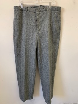 Mens, 1920s Vintage, Suit, Pants, SIAM COSTUMES MTO, Gray, Charcoal Gray, Wool, Speckled, Ins:32, W:38, Alternating Heather And Wide Woven Stripes, Flat Front, Button Fly, 4 Pockets, Belt Loops, Suspender Buttons at Inside Waistband,
