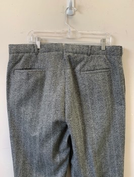 Mens, 1920s Vintage, Suit, Pants, SIAM COSTUMES MTO, Gray, Charcoal Gray, Wool, Speckled, Ins:32, W:38, Alternating Heather And Wide Woven Stripes, Flat Front, Button Fly, 4 Pockets, Belt Loops, Suspender Buttons at Inside Waistband,