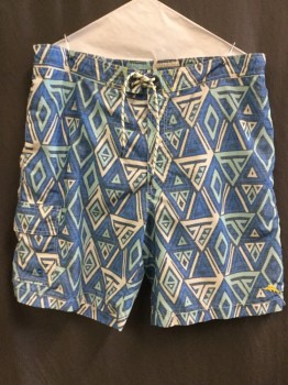 Mens, Swim Trunks, TOMMY BAHAMA, Turquoise Blue, Royal Blue, White, Mint Green, Navy Blue, Polyester, Cotton, Diamonds, Geometric, XL, Waist Band with string Tie Front, Elastic Back, Zip Front, 3 Pockets