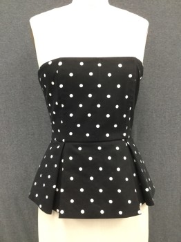 Womens, Top, ALICE & OLIVIA, Black, White, Cotton, Polyester, Polka Dots, 0, Strapless, Boned, Pleated Peplum, Zip Back with Solid Black Elastic Braided Detail