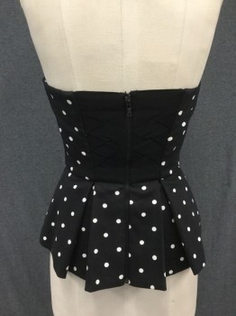 Womens, Top, ALICE & OLIVIA, Black, White, Cotton, Polyester, Polka Dots, 0, Strapless, Boned, Pleated Peplum, Zip Back with Solid Black Elastic Braided Detail