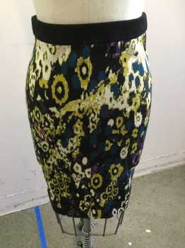 RACHEL ROY, Black, Teal Blue, Magenta Purple, Antique White, Chartreuse Green, Cotton, Lycra, Abstract , Knit Skirt, Pull On, Black Waist