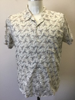 Mens, Casual Shirt, THEORY, Ecru, Navy Blue, Lt Brown, Cotton, Animals, Abstract , M, Ecru with Navy and Light Brown Hummingbirds Pattern, Short Sleeve Button Front, Notched Collar Attached, 1 Pocket, Retro, Has a Double