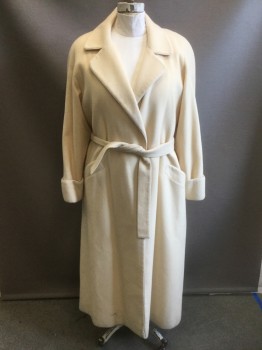 Womens, Coat, NEIMAN MARCUS, Cream, Wool, Solid, XL, Open at Center Front with No Buttons/Closures, Notched Lapel, Padded Shoulders, Cream Corded Piping Trim on Lapel, Center Front Opening, 2 Hip Pockets & Cuffs, Ankle Length, **With Matching Belt