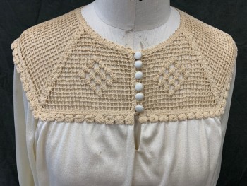 N/L, Cream, Taupe, Synthetic, Solid, Taupe Crochet Yoke with Button Loop Front, Gathered at Toke, Dolman Short Sleeves, with Elastic Cuff, Elastic Waist, Peplum, Hem Below Knee,