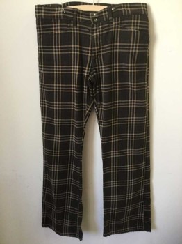 Mens, Pants, SIXTY, Dk Brown, Tan Brown, Blue, Rust Orange, Cotton, Polyester, Plaid-  Windowpane, Plaid, Ins:31, W:33, Flat Front, Zip Fly, 4 Pockets, Boot Cut, Retro 1970's Looking