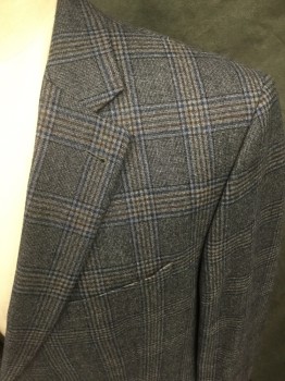 Mens, Sportcoat/Blazer, SAVILE ROW, Gray, Blue, Brown, Black, Wool, Glen Plaid, 48R, Single Breasted, Collar Attached, Notched Lapel, 2 Buttons,  3 Pockets