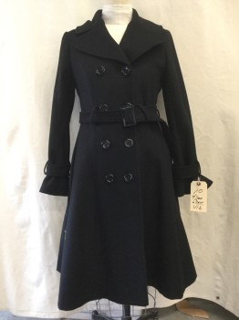 Womens, Coat, VIA, Black, Wool, Solid, 10, Over sized Notched Lapel, Collar Attached, Double Breasted, 8  Buttons,  Belt Loops, Belt, Belted Cuffs,