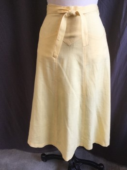 N/L, Yellow, Linen, Cotton, Solid, Wrap-around, Mid Calf Length, Zig Zagged Yoke At Waist With 2 Pockets, Self Ties, Has Some Light Dirt Stains