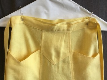 N/L, Yellow, Linen, Cotton, Solid, Wrap-around, Mid Calf Length, Zig Zagged Yoke At Waist With 2 Pockets, Self Ties, Has Some Light Dirt Stains