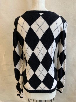 Womens, Pullover, ALIC & OLIVIA, Black, White, Wool, Cashmere, Argyle, XS, Ribbed Knit Black Crew Neck/Waistband/Cuff, Buttons Inside Neck