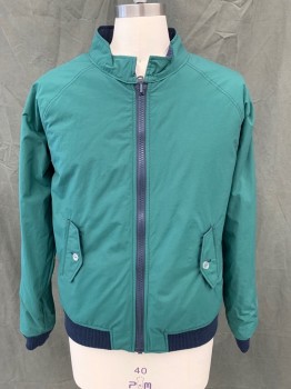 Mens, Casual Jacket, BAND OF OUTSIDERS, Navy Blue, Green, Red, Nylon, Solid, 42, Reversible, Zip Front, 2 Pockets, Stand Collar, Raglan Long Sleeves, Red/Navy Ribbed Knit Waistband/Cuff, Reverse Side is Green with Solid Navy Ribbed Knit Waistband/Cuff
