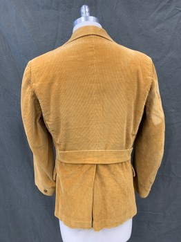 CALIFORNIA TRENDS, Goldenrod Yellow, Cotton, Solid, Corduroy, Single Breasted, Collar Attached, Notched Lapel, 3 Flap Pockets, Long Sleeves, Attached Tab Back Waistbelt,