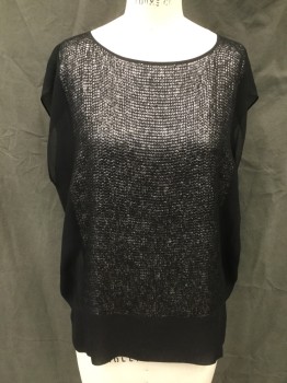 Womens, Top, EILEEN FISHER, Black, Silk, Solid, M, Sheer, Square Sequin Front, Scoop Neck, Cap Sleeves, Wide Waistband with Side Seam Slits