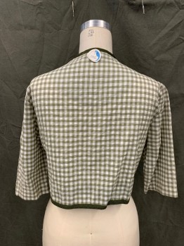 Womens, Jacket, N/L, Olive Green, White, Cotton, Gingham, W 30, B 36, Button Front, 3/4 Sleeve, 2 Faux Flap Rounded Pockets, Solid Dark Olive Braided Ribbon Trim, Slight Shoulder Burn,