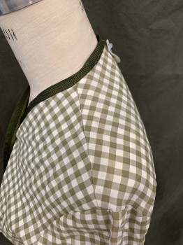Womens, Jacket, N/L, Olive Green, White, Cotton, Gingham, W 30, B 36, Button Front, 3/4 Sleeve, 2 Faux Flap Rounded Pockets, Solid Dark Olive Braided Ribbon Trim, Slight Shoulder Burn,