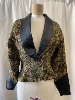LEROY WILKES, Metallic, Gold, Green, Red, Goldenrod Yellow, Wool, Leather, Floral, All Over Embroidery, Black Shawl Lapel, & Cuffs, Single Breasted, Snap & Button Front