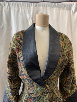 Womens, Blazer, LEROY WILKES, Metallic, Gold, Green, Red, Goldenrod Yellow, Wool, Leather, Floral, W:24, B:32, All Over Embroidery, Black Shawl Lapel, & Cuffs, Single Breasted, Snap & Button Front