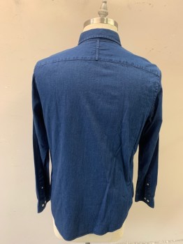 BANANA REPUBLIC, Dk Blue, Cotton, Solid, Denim, Button Front, Collar Attached, Long Sleeves, Button Cuff
