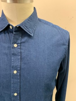 BANANA REPUBLIC, Dk Blue, Cotton, Solid, Denim, Button Front, Collar Attached, Long Sleeves, Button Cuff