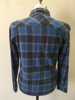 BRIXTON, Blue, Navy Blue, Camel Brown, Cotton, Plaid, Flannel, Button Front, Collar Attached, 2 Flap Pockets, Long Sleeves