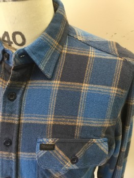 BRIXTON, Blue, Navy Blue, Camel Brown, Cotton, Plaid, Flannel, Button Front, Collar Attached, 2 Flap Pockets, Long Sleeves