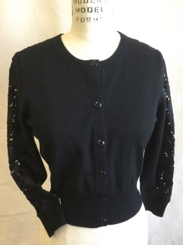 DVF, Black, Wool, Nylon, Solid, Floral, Ribbed Crew Neck, Long Sleeves Cuff & Hem, Black Button Front, Black Thick Floral Lace on Top Long Sleeves,