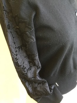 DVF, Black, Wool, Nylon, Solid, Floral, Ribbed Crew Neck, Long Sleeves Cuff & Hem, Black Button Front, Black Thick Floral Lace on Top Long Sleeves,