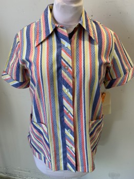 N/L, Salmon Pink, Yellow, White, Navy Blue, Polyester, Stripes - Vertical , Button Front, Collar Attached, Short Sleeves, 2 Patch Pockets,