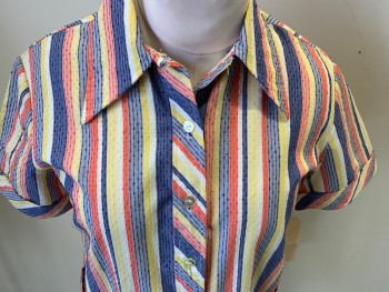 N/L, Salmon Pink, Yellow, White, Navy Blue, Polyester, Stripes - Vertical , Button Front, Collar Attached, Short Sleeves, 2 Patch Pockets,
