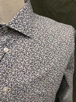 JOHN VARVATOS, White, Navy Blue, Ochre Brown-Yellow, Cotton, Elastane, Floral, Tight Floral Pattern, Button Front, Collar Attached, Long Sleeves, Button Cuff