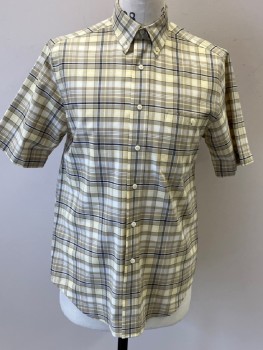 TOWNCRAFT, Taupe, Yellow, White, Black, Poly/Cotton, Plaid, Button Down C.A., B.F., S/S, 1 Pckt, Back Pleat
