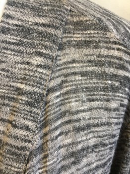 Womens, Sweater, LAURA SCOTT, Charcoal Gray, Heather Gray, Tan Brown, Acrylic, Heathered, 1XL, Charcoal/heather Gray/tan Variegated, 2.25" Seams Open Front, 3/4 Sleeves with Short Belt