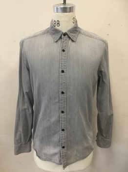 G STAR, Lt Gray, Cotton, Solid, Light Gray Denim, Button Front, Collar Attached, Long Sleeves