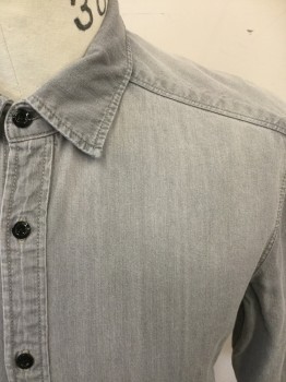 G STAR, Lt Gray, Cotton, Solid, Light Gray Denim, Button Front, Collar Attached, Long Sleeves