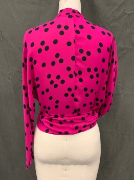 MTO, Fuchsia Pink, Black, Silk, Polka Dots, Wrap Blouse with Self Tie Belt, Flap Panel Front, Dolman Long Sleeves, Button Loop Sleeve Cuff Detail