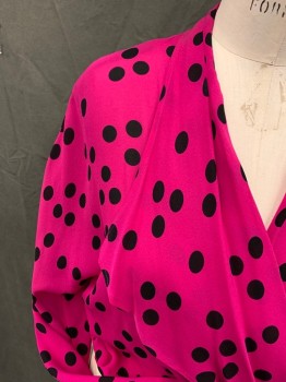 MTO, Fuchsia Pink, Black, Silk, Polka Dots, Wrap Blouse with Self Tie Belt, Flap Panel Front, Dolman Long Sleeves, Button Loop Sleeve Cuff Detail