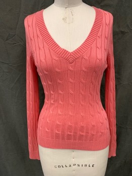 Womens, Pullover, INC, Bubble Gum Pink, Silk, Cotton, Solid, L, Cable knit, Ribbed Knit V-neck, Long Sleeves, Ribbed Knit Waistband/Cuff