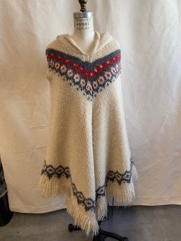 Womens, Cape/Poncho, N/L, Cream, Graphite Gray, Red, Wool, Geometric, Solid, OS, Oversized Hood, Fringe