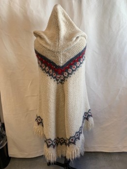 Womens, Cape/Poncho, N/L, Cream, Graphite Gray, Red, Wool, Geometric, Solid, OS, Oversized Hood, Fringe