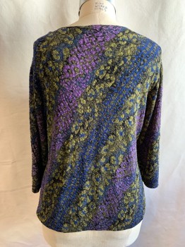 Womens, Dress, Piece 1, MIRASOL WOMAN, Purple, Olive Green, Black, Dk Blue, Acetate, Polyamide, Abstract , 1X, Diagonal Abstract Textured Pattern, Scoop Neck, 3/4 Sleeve, Solid Black Floral Lace Scoop Neck Under Panel, Stretch