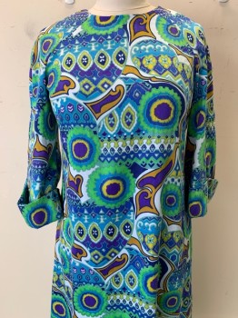 Womens, Dress, NO LABEL, Blue, Green, Yellow, Dk Purple, Polyester, Cotton, Abstract , W36, B38, H42, L/S, Back Zipper, Folded Sleeves