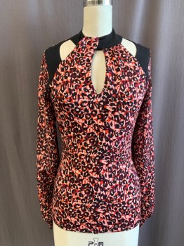 Womens, Top, KAREN MILLEN, Red, Rose Pink, Black, Polyester, Cotton, Abstract , Animal Print, 4, Abstract Animal Print, Stretch Body, Keyhole Front, Solid Black Collar, Keyhole Back with 2 Button Closure, Cutout Shoulders with Solid Black Shoulder Panels, Chiffon Same Print Sleeves with Stretch Cuffs