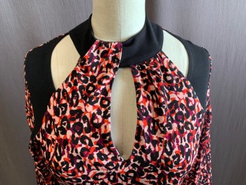 Womens, Top, KAREN MILLEN, Red, Rose Pink, Black, Polyester, Cotton, Abstract , Animal Print, 4, Abstract Animal Print, Stretch Body, Keyhole Front, Solid Black Collar, Keyhole Back with 2 Button Closure, Cutout Shoulders with Solid Black Shoulder Panels, Chiffon Same Print Sleeves with Stretch Cuffs