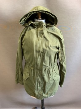 Childrens, Jacket, GAP KIDS, Olive Green, Poly/Cotton, Solid, XL, Hooded, Zip Front, & Snap Front, Drawstring At Waist,