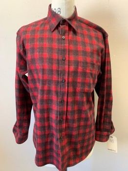 Mens, Casual Shirt, PENDLETON, Red, Black, Gray, Wool, Plaid, M, Long Sleeves, Button Front, Collar Attached, 1 Pocket,
