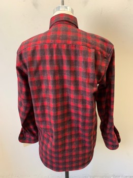 Mens, Casual Shirt, PENDLETON, Red, Black, Gray, Wool, Plaid, M, Long Sleeves, Button Front, Collar Attached, 1 Pocket,