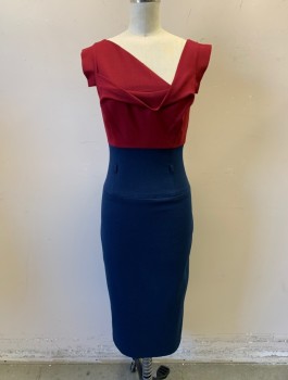 Womens, Dress, Sleeveless, BLACK HALO, Maroon Red, Navy Blue, Polyamide, Viscose, Color Blocking, Sz.2, Jersey, Top is Maroon, Below Bust is Navy, Cowl-Like Asymmetric Neckline, 1" Tabs at Shoulder Straps (A Quasi Cap Sleeve), Wide Waist Yoke, Tiny Belt Loops (But No Belt), Fitted, Knee Length