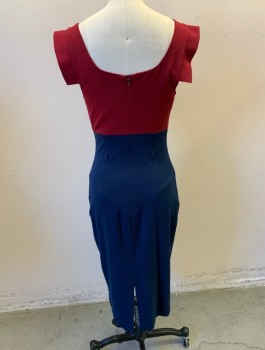 Womens, Dress, Sleeveless, BLACK HALO, Maroon Red, Navy Blue, Polyamide, Viscose, Color Blocking, Sz.2, Jersey, Top is Maroon, Below Bust is Navy, Cowl-Like Asymmetric Neckline, 1" Tabs at Shoulder Straps (A Quasi Cap Sleeve), Wide Waist Yoke, Tiny Belt Loops (But No Belt), Fitted, Knee Length